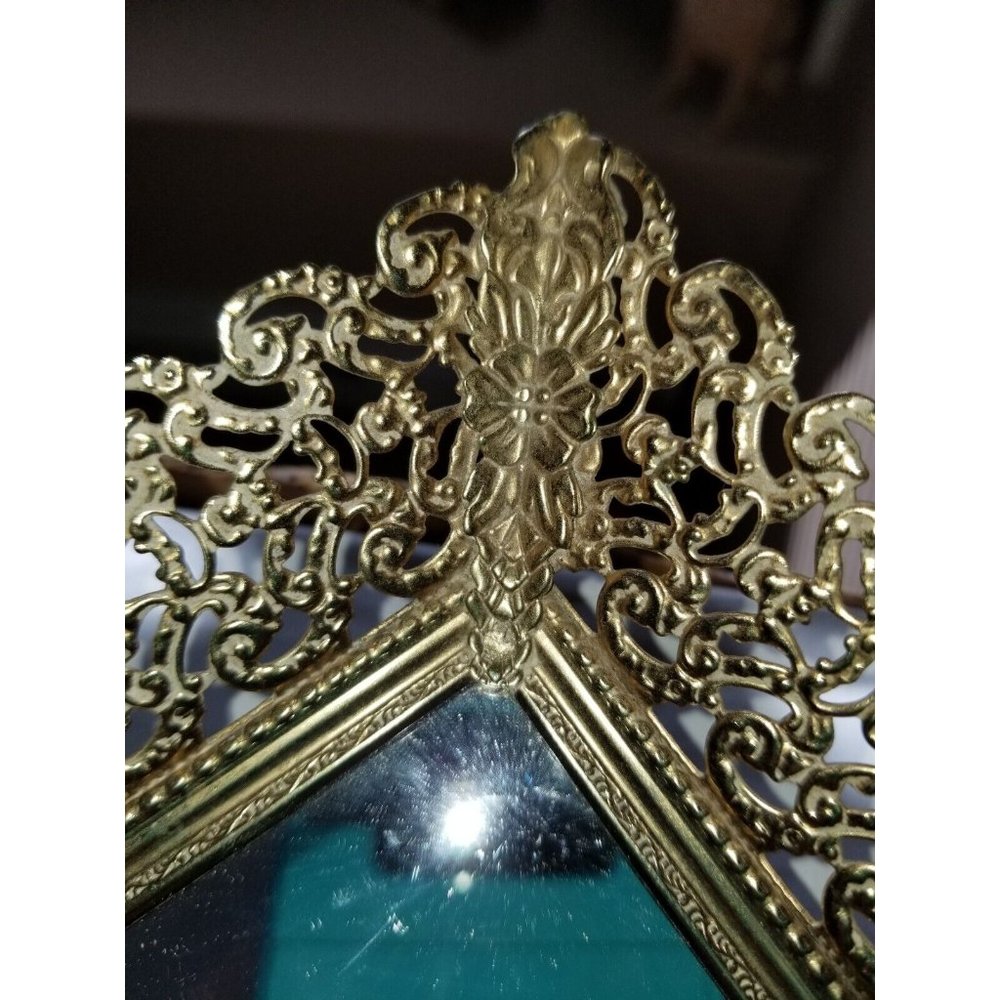 Vanity Dresser Mirror Tray with Filagree Gold Tone Metal Frame Vintage Rectangle - Picture 6 of 11